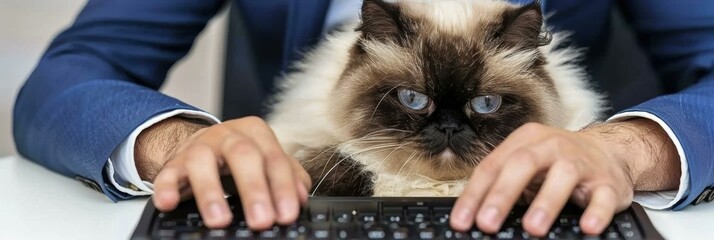 Poster - A cat sits on a desk while a person types on a keyboard. AI.