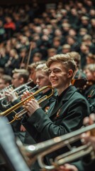 Sticker - A young man smiles as he plays the trumpet in an orchestra. AI.