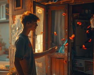 Poster - A young man reaches out his hand as if to catch the falling butterflies. AI.