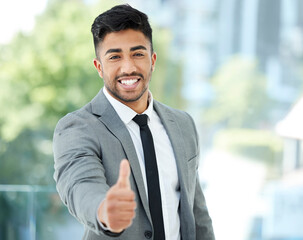 Wall Mural - Portrait, business and man with thumbs up, agreement and like sign with support, satisfaction and review. Face, person or employee with hand gesture, thank you or approval with professional or symbol