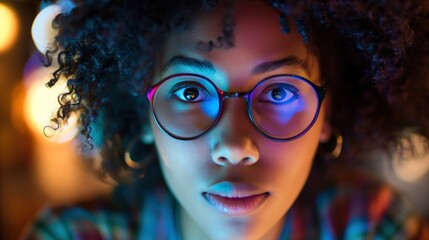 Wall Mural - A young Black woman with curly hair looks directly at the camera, illuminated by colorful lights