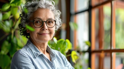 Poster - A woman with curly gray hair and glasses smiles at the camera near a window