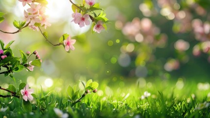 Wall Mural - spring blossoms on tree branches with sunlight