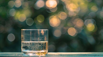 Wall Mural - Water in a glass ivory on a table in nature with a text space and blurred background