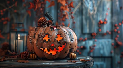 Poster - Halloween pumpkin with various ornaments on wooden table with vintage background