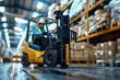 © Eugen - A forklift driver at work in the warehouse. Warehouse and shipping. Business processes. Warehouse management. Loaders. Loading and unloading. Online shipping. Product packaging. Forklift.