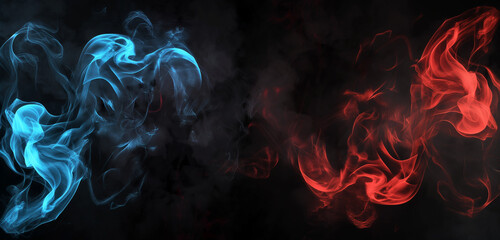 Wall Mural - A sleek black modern background featuring a dynamic clash of blue and red smoke effects