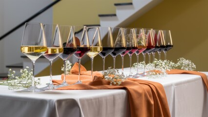 A table with many glasses of wine on it and a white cloth, AI