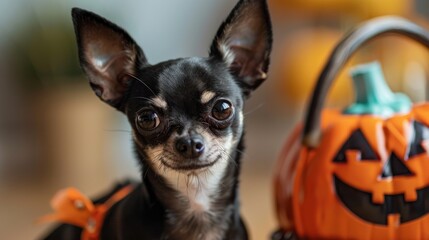 Canvas Print - Chihuahua in Halloween costume with big ears and bulging eyes beside Jack O Lantern basket Black white and brown short haired miniature dog in studio shot