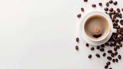 Wall Mural - Coffee cup and beans on white background with space for text