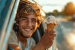 © mattegg - Carefree young man enjoying ice cream and summer road trip