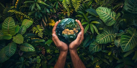 Wall Mural - Small Hands Holding Vibrant Earth Surrounded by Greenery