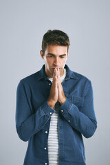 Aufkleber - Thinking, studio and man with confused, anxiety and remember of ideas with stress, mind and brainstorming. White background, entrepreneur and person with hands, inspiration and business in Chicago