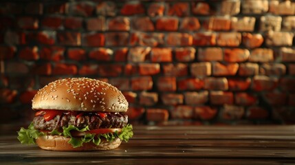 Poster - Classic hamburger on wooden table in front of brick wall with space for text