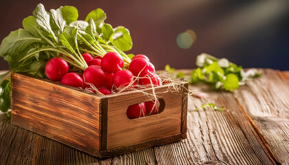 Wall Mural - Radishes in a weathered wooden box