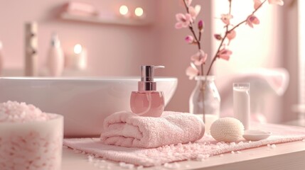 Wall Mural - Bath essentials displayed in a light pink themed setup