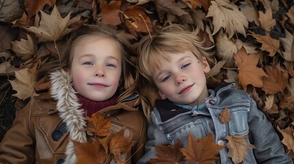 Sticker - Two children, enjoying the autumn season, lie among fallen leaves wearing cozy jackets, capturing a playful and carefree moment of childhood in a natural outdoor setting.