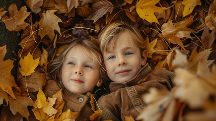 Sticker - Two children lie in a pile of autumn leaves, enjoying the crisp season while wearing warm sweaters, sharing smiles and a relaxed moment during fall's vibrant display.