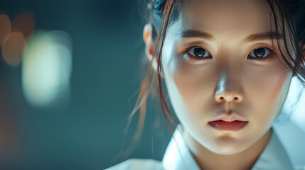 A close-up shot of a determined young female martial artist, dressed in white gi, highlighting her intense focus and readiness, with a blurred background creating a dramatic effect.