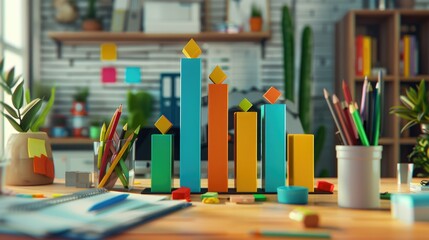 Poster - Bar graph showing monthly growth with office supplies around