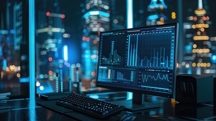 Bar graph with data analysis on a computer screen at night