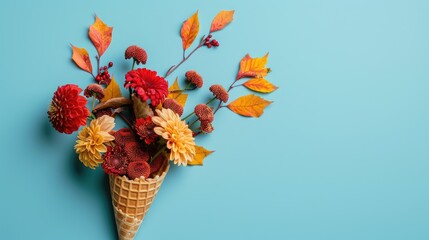 Sticker - Autumn themed flowers in waffle cone on blue desk Thanksgiving concept Flat lay with copy space