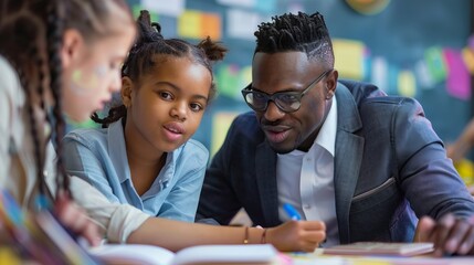 A dedicated teacher assists two students with their assignments in a vibrant, well-decorated classroom, fostering a supportive and interactive learning environment.