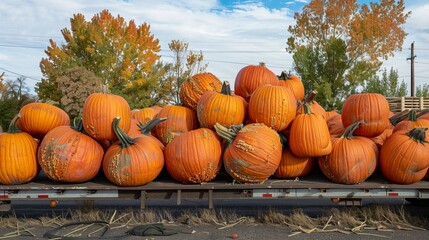 Poster - Large and massive pumpkins are stacked on an industrial flatbed trailer, ready for distribution, set against the backdrop of an outdoor area with scattered fall leaves.