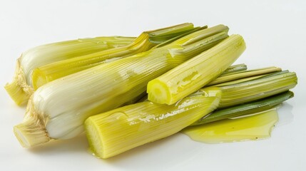 Poster - High-quality photo of Turkish Zeytinyagli Pirasa, leeks in olive oil, presented on a clean white background