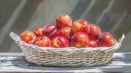 Poster - A basket filled with ripe, juicy peaches sits on a white table outdoors, capturing the beauty of fresh, summer produce in a rustic, natural setting.