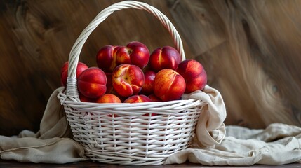 Poster - A white basket brimming with fresh, vibrant peaches is set against a subdued cloth backdrop, highlighting the natural beauty and enticing appeal of the fruit.