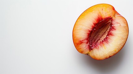 Canvas Print - Smooth skinned nectarine slice without pit on white background with space for text Close up view