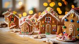 Family making gingerbread houses together, colorful icing and candy decorations, cozy kitchen setting, holiday spirit, warm lighting, joyful atmosphere, copy space