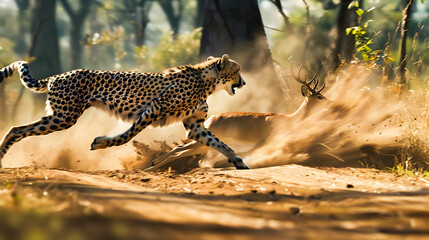Wall Mural - powerful cheetah in hot pursuit of a swift deer on a dusty dirt road in the wilderness showcasing th