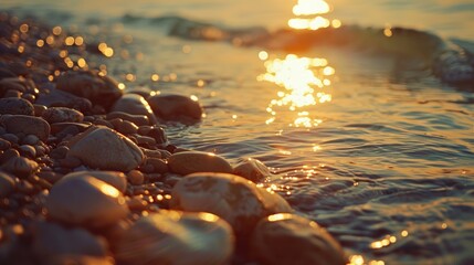 Wall Mural - Sunset reflections on beach stones and sea in vintage film style