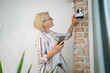 © Miljan Živković - woman mature caucasian hold adjust home security camera and smartphone