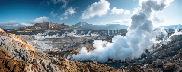 Panoramic view of a geothermal power plant emitting steam from ground vents, surrounded by rugged volcanic terrain, renewable energy solution, harnessing earth's heat, copy space