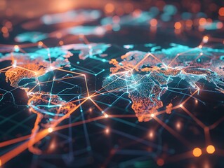 Clear, detailed depiction of an abstract global network with a world map and radiant data transfer nodes.