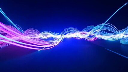 Wall Mural - Glowing fiber optic cables twist and curve, emitting vibrant blue and pink light against a dark background. Dynamic trails blur, suggesting rapid movement and energy flow.	