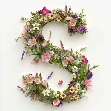 Elegant shot of text Letters ‘S’ crafted in flowers on a clean. A beautiful flower arrangement forming the letter 'S'.