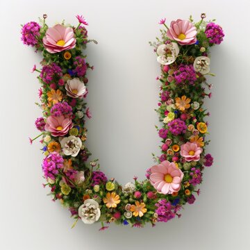 Elegant shot of text Letters ‘U’ crafted in flowers on a clean. A beautiful flower arrangement forming the letter 'U'.