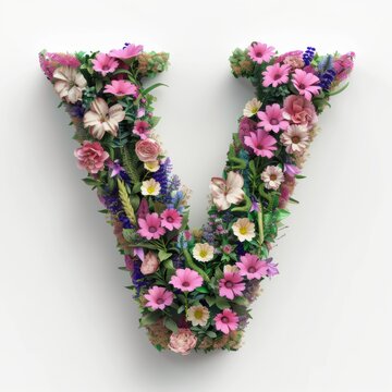 Elegant shot of text Letters ‘V’ crafted in flowers on a clean. A beautiful flower arrangement forming the letter 'V'.