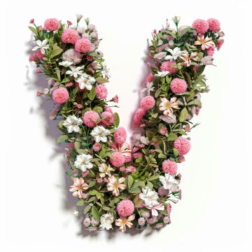 Elegant shot of text Letters ‘V’ crafted in flowers on a clean. A beautiful flower arrangement forming the letter 'V'.