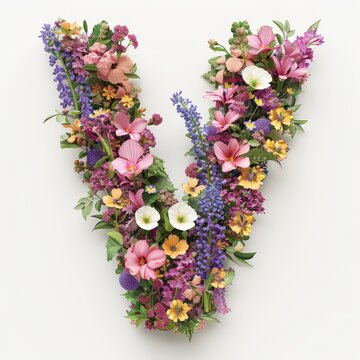 Elegant shot of text Letters ‘V’ crafted in flowers on a clean. A beautiful flower arrangement forming the letter 'V'.