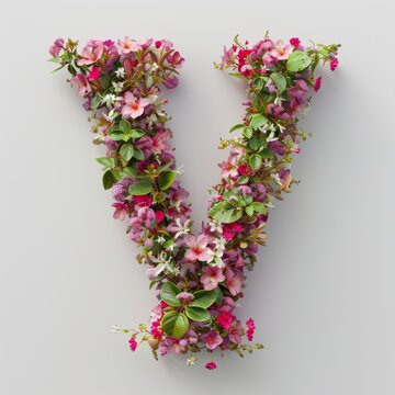 Elegant shot of text Letters ‘V’ crafted in flowers on a clean. A beautiful flower arrangement forming the letter 'V'.