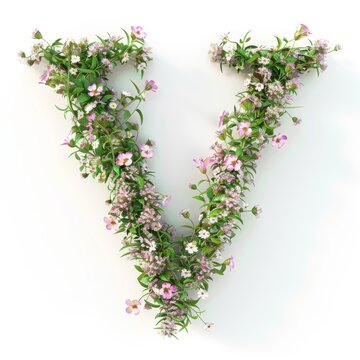 Elegant shot of text Letters ‘V’ crafted in flowers on a clean. A beautiful flower arrangement forming the letter 'V'.