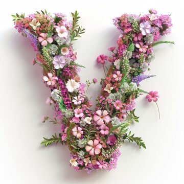 Elegant shot of text Letters ‘V’ crafted in flowers on a clean. A beautiful flower arrangement forming the letter 'V'.