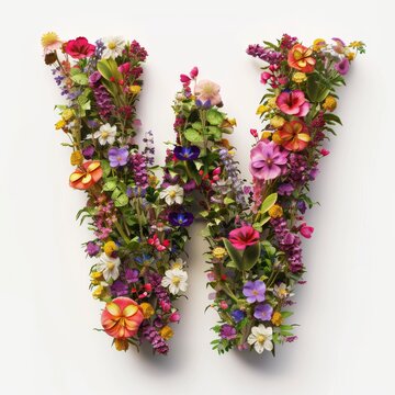 Elegant shot of text Letters ‘W’ crafted in flowers on a clean. A beautiful flower arrangement forming the letter 'W'.