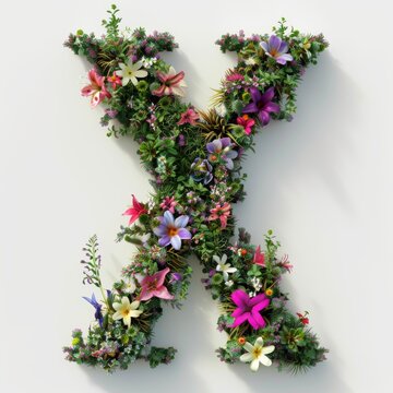 Elegant shot of text Letters ‘X’ crafted in flowers on a clean. A beautiful flower arrangement forming the letter 'X'.