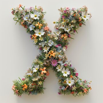 Elegant shot of text Letters ‘X’ crafted in flowers on a clean. A beautiful flower arrangement forming the letter 'X'.